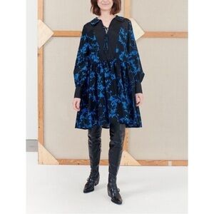 NWT MUNTHE Naim Silk Cotton Black Blue Long Sleeve Cocktail Designer Dress XS
